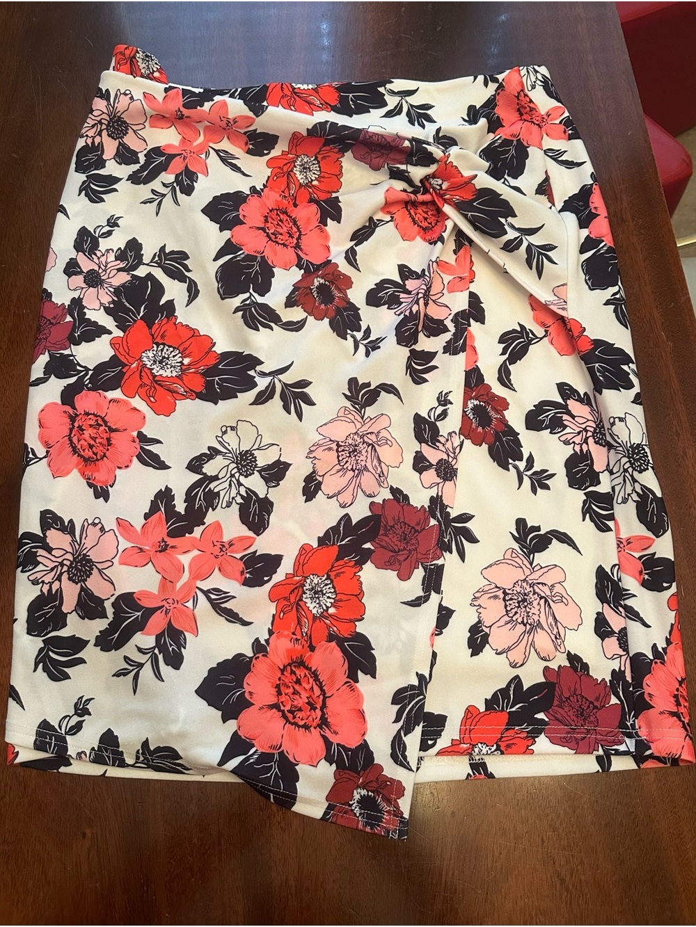 Floral Wrap Skirt in Cream with Red, Black and Pink Flowers w/ Twist Drape Front